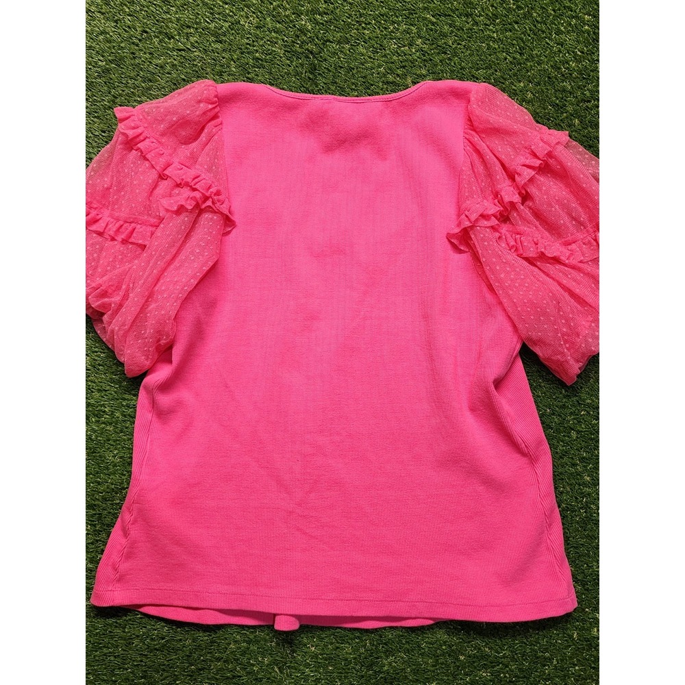 Maeve Anthropologie Hot Pink Ribbed T-Shirt Swiss Dot Ruffle Tulle Sleeve 1X - Picture 8 of 8